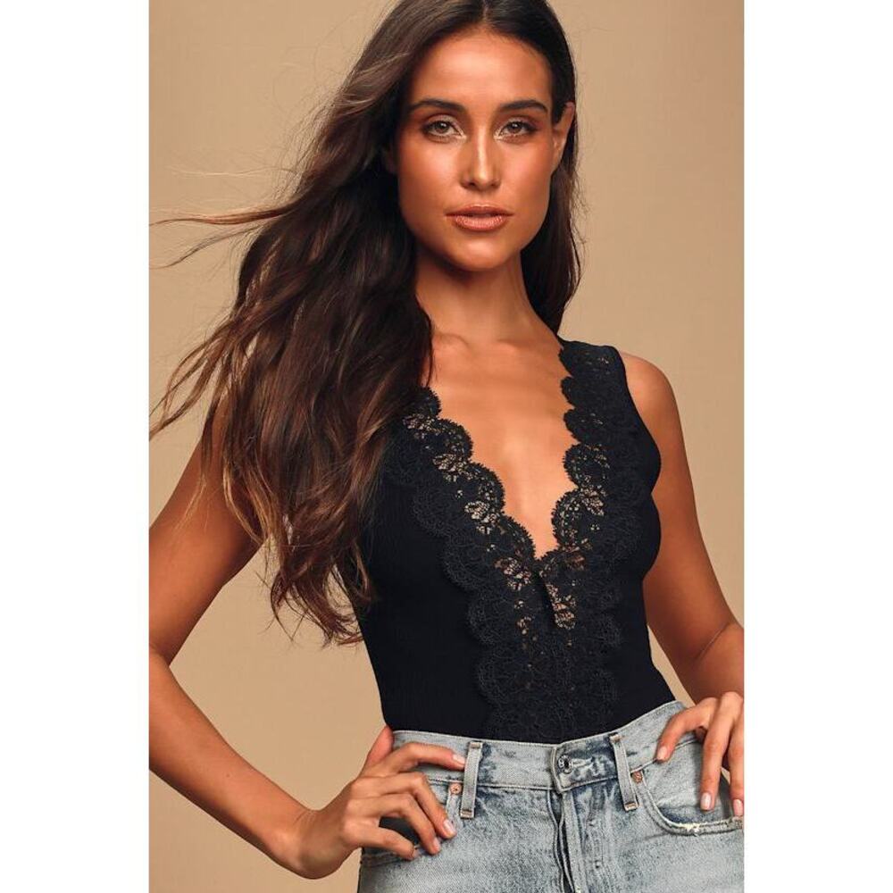 Lulus Ravalli Black Lace Ribbed Sleeveless Bodysuit - Size S
